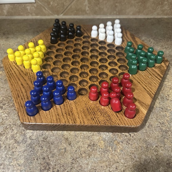 Handmade Other - Vintage Wooden Chinese Checkers Board Game Colorful Wooden Pegs Fun Handmade